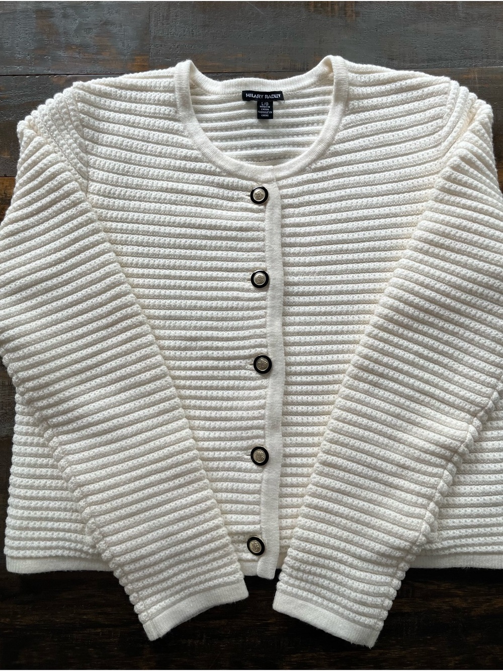 Hilary Radley Cream Ribbed Button-Front Crew Neck Cardigan